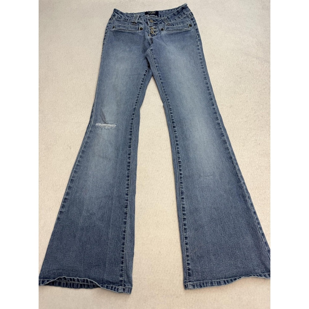 Angels Jeans Womens 3 Blue Medium Wash Low Rise Flare Distressed Stretch Denim
